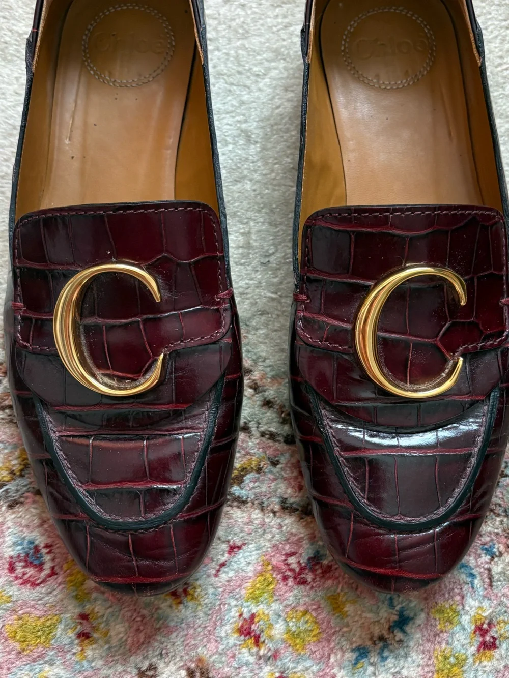 Chloe Burgundy Croc-Embossed Leather Loafers with Gold C